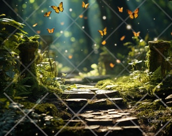 Enchanted Digital Background, Forest Backdrop Photoshop, Spring background, Creative Composite Images, Butterflies, magical backdrop,