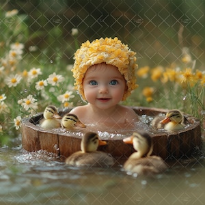 以下が含まれることがあります： 黄色い編み物帽子をかぶった赤ちゃんが、黄色いアヒルに囲まれた木製の浴槽に座っています。浴槽は水で満たされており、赤ちゃんは微笑んでいます。
