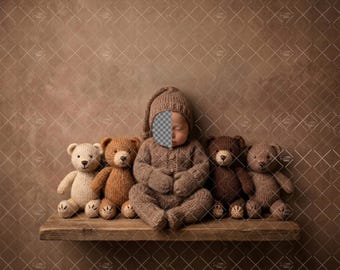Face Insert Teddy Bear Newborn Backdrop, Baby on Shelf Digital Photo Prop, Neutral Nursery Composite