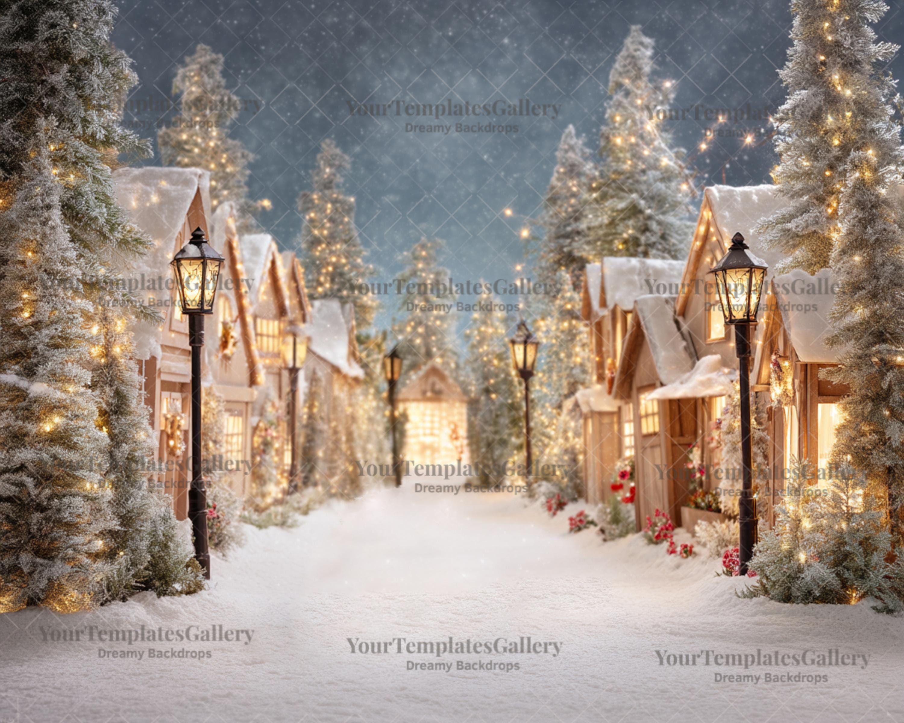 White Christmas Village Digital Backdrop, Winter Wonderland Snow Scene,  Holiday Photo Background Cozy Lights, - Etsy, image size:3000x2400
