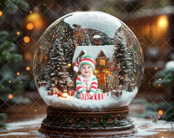Digitale Weihnachtsschneekugel-Hintergrundkulisse: Familien- und Haustierfoto-Overlay (JPG+PNG)