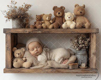 Teddy Bear Newborn Photography Backdrop, Baby on Shelf (Digital Download)