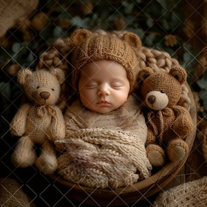 May include: A sleeping baby wearing a brown bear hat and wrapped in a beige blanket, nestled in a wooden bowl. Two knitted teddy bears flank the baby. The scene is set against a backdrop of soft, neutral tones, creating a cozy and serene atmosphere.