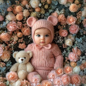 Newborn Digital Backdrop Face Insert, Baby Pink Bear Flowers, PNG Add Face, Photo Prop Composite, Photoshop Fine art, Background for Girl