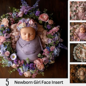 5 Newborn Backdrop Photography Face Insert, Add face Poppet Prop Composite, Floral Newborn Digital Background, Template Newborn Overlay