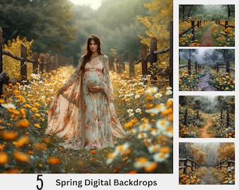 5 Spring Digital Backdrops, Easter Digital Background Photography, Instant Download Photoshoot, Summer Floral Path, Nature Outdoor Portrait,