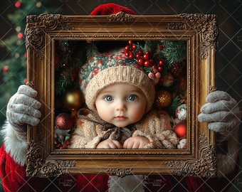 Fotografia di Babbo Natale che tiene una cornice, sfondo digitale &quot;Inserisci la tua immagine&quot;, sfondo a tema natalizio, download immediato, sovrapposizione di Photoshop