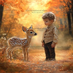 Autumn Fawn Forest Path Digital Backdrop, Fall Woodland Baby Deer Photography Background,