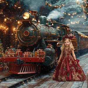 Weihnachten Eisenbahn digitaler Hintergrund, Vintage Weihnachtszug, Nordpol Fahrt Download, Urlaub Verbundstoff, Weihnachtsbaum