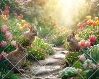 Easter Digital Background Photography,  Spring Easter Bunny Backdrop, Rabbits, Photoshop Spring blooms, garden, tulips, Digital download