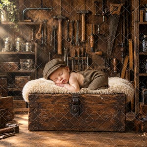 May include: A sleeping infant wearing a brown flat cap and brown overalls, resting on a cream-colored faux fur blanket atop a dark wooden chest. The background features a workshop wall with various metal hand tools hanging on wooden panels.