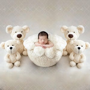 Sfondo digitale neonato Teddy Bear, sfondo digitale neonato, orsetti color crema, fotografia neonato, sovrapposizioni Photoshop, composizione bambino