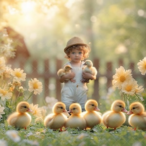May include: A young child wearing a straw hat holds a group of yellow ducklings in a field of yellow flowers.