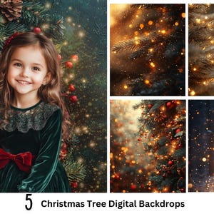 5 cenários digitais de bokeh de árvore de Natal, sobreposições de Photoshop, fundo de estúdio para fotógrafos, retratos de Natal de família, crianças e animais de estimação,