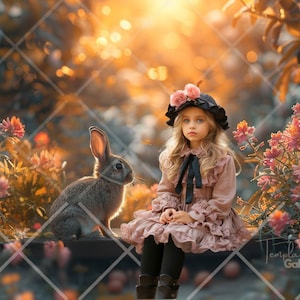 Easter Bunny background, Spring blooms backdrop, Golden Easter digital, Photoshop composite, Creative Composite Images, Nature Background.