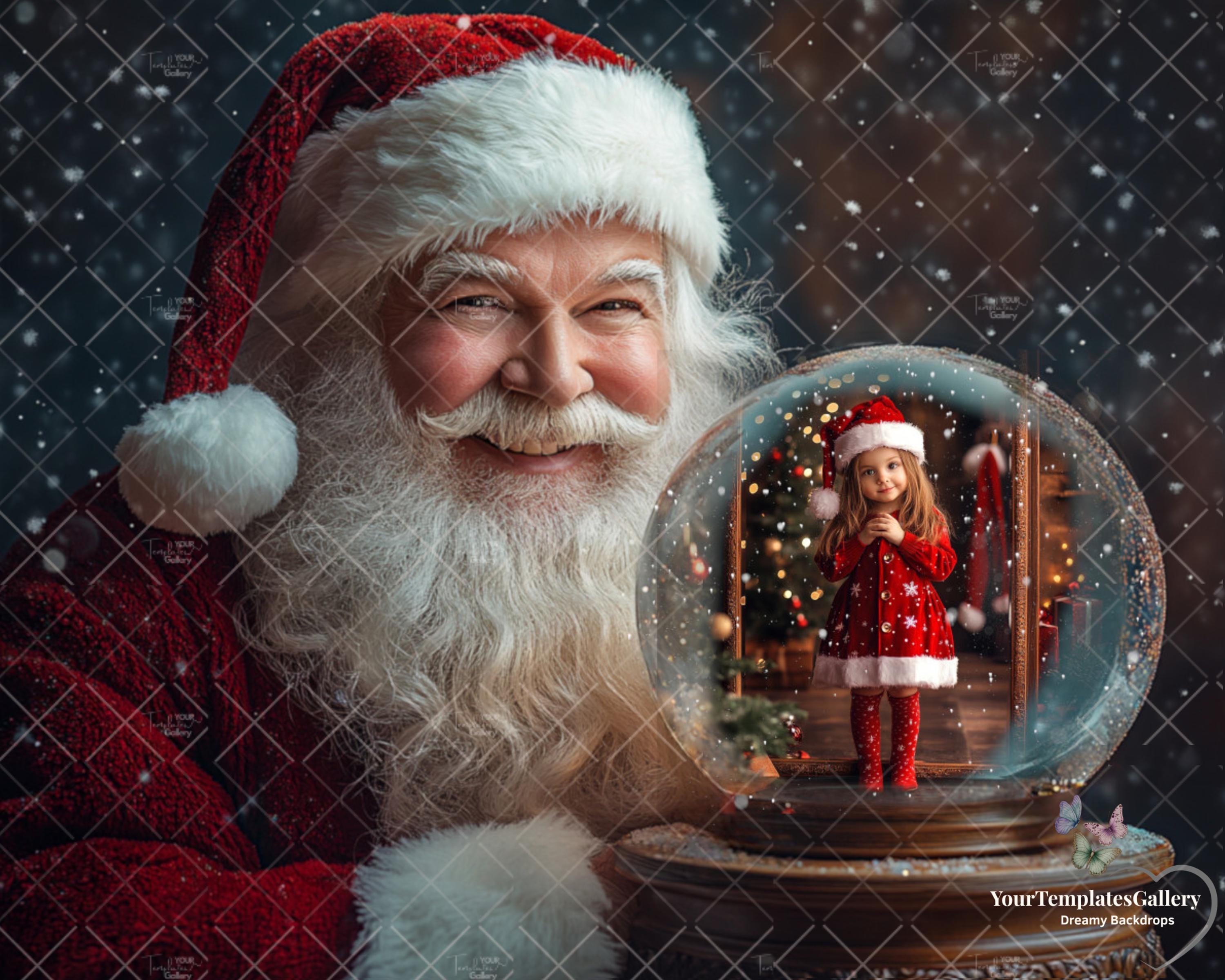 Sfera di neve magica di Babbo Natale, sfondo digitale natalizio, palla di vetro di Natale per bambini, famiglia e animali domestici, foto composita PNG neve, download immediato.