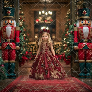 Könnte beinhalten: Ein junges Mädchen in einem roten und goldenen Kleid und Blumenkranz steht zwischen zwei großen Nussknackerfiguren. Die Szene spielt in einem festlichen Raum mit Weihnachtsbäumen und einem roten Teppich.