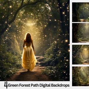 4 Lindos fundos digitais de caminho de floresta verde, fundo digital de floresta de verão, floresta de vaga-lumes digital, fundo de primavera, floresta natural