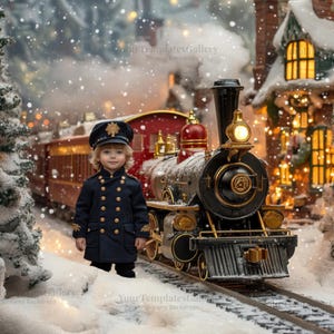 3 Weihnachten Bahnhof Eisenbahn, Digital Backdrop Composit, Weihnachtsfoto, Nordpol Fahrt Download, Urlaub Hintergrund + Schnee