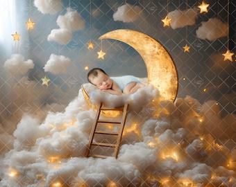 white Newborn Digital Backdrop, Dream in the Clouds, Background Moon and Stars, Clouds Baby Composite, Photography Portrait, Baby Photo Prop