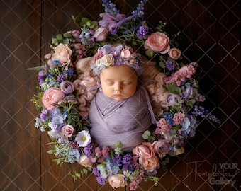 Newborn Face Insert, Newborn Digital Backdrop, Baby Lila Spring Flowers, Photoshop Overlays, Add face PNG Studio Background, Photo Prop