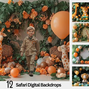 12 Jungle Safari Digital Backdrops, Photoshop overlays, Balloons Cake Smash Background,  Photography Studio, Tropical Theme Baby Birthday,