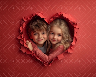 Red Ripped Paper Heart, Valentines Day Digital Backdrop, Photo Portrait, Template Overlay PNG, Burst Paper, Digital Background, Download