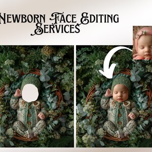 May include: A newborn baby wearing a green knitted hat and sweater is sleeping in a woven basket surrounded by green foliage. The baby's face is visible and the image is used to illustrate newborn face editing services.