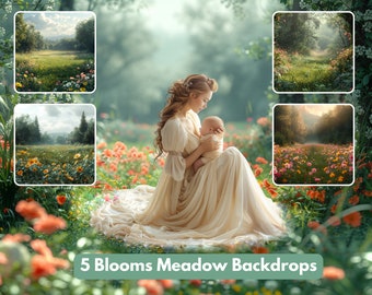 5 Spring Blooms Meadows, Maternity Outdoor Portrait, Floral Photoshop Composite, Digital Backdrop Photography, Easter Nature Background,