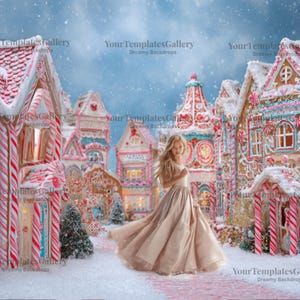 Candy Cane Village Holiday Background, Gingerbread House Christmas Backdrop, Xmas Session Photography Prop, Fantasy Digital Composite + Snow