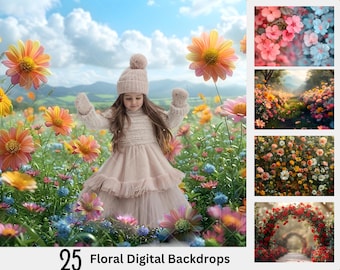 25 prados de flores primaverales, retrato de maternidad al aire libre, composición floral de Photoshop, fotografía de fondo digital, fondo de naturaleza de Pascua,
