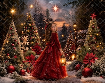 Puede incluir: Un niño con cabello largo y ondulado viste un vestido largo de terciopelo rojo de manga larga con un lazo grande en la espalda, sosteniendo una linterna encendida. La escena muestra pinos nevados, adornos rojos y flores de pascua.