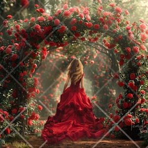 Red Rose Arch Garden Pathway, Summer Digital Backdrop, Flower composite Background, Portrait photography backdrop, Photoshop Overlay
