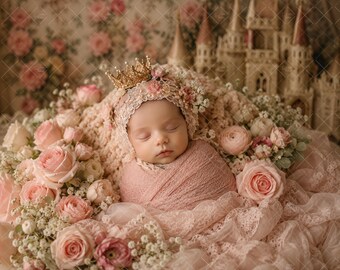 Princess Newborn Face Insert Backdrop, Floral Castle Baby Photography Digital Background PNG