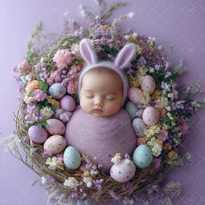 May include: A newborn baby wrapped in a lavender blanket, wearing a bunny ear bonnet, nestled in a floral wreath with pastel Easter eggs. The wreath is made of twigs and adorned with colorful flowers, set against a lavender background.