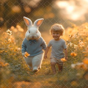 Easter Bunny Digital Backdrop Composite, Spring Blossom Field Road, Fantasy Outdoor Portrait, Photoshop Floral Overlay, Kids Background,