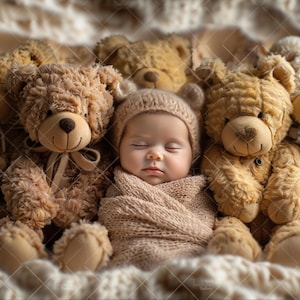 May include: A sleeping baby wrapped in a knitted blanket and wearing a matching hat with bear ears. The baby is surrounded by several plush teddy bears in various shades of brown, creating a cozy and comforting scene.