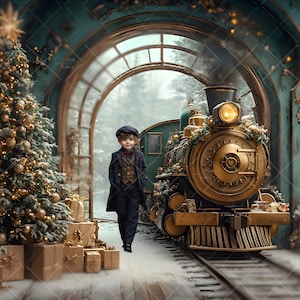 Weihnachten Eisenbahn digitaler Hintergrund, Vintage Weihnachtszug, Nordpol Fahrt Download, Urlaub Verbundstoff, Weihnachtsbaum