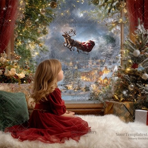 Santa’s Sleigh and Reindeer Window Digital Backdrop, Christmas Bed Composite, Holiday Photoshop Overlay, Santa in Sleigh PNG, Xmas Template