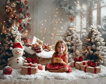 Sfondo digitale natalizio, ritratto in studio del soggiorno di Natale, servizio fotografico dell&#39;albero invernale, fotografia composita, sfondo scaricabile immediatamente.
