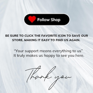 May include: A black banner with a red heart icon and the words "Follow Shop". The image includes text that says "Thank you" and other text encouraging the viewer to save the shop.
