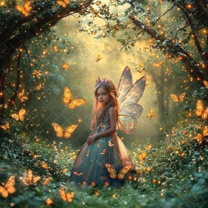 妖精の魔法のデジタル背景、魅惑の蝶の森、魔法の森の背景、妖精の羽、おとぎ話、ファンタジー、クリエイティブな合成