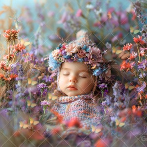 Newborn Face Insert, Newborn Digital Backdrop, Baby Lila Spring Flowers, Photoshop Overlays, Add face PNG Studio Background, Photo Prop