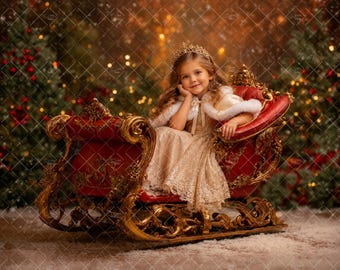Christmas Sleigh Digital Backdrop: Red Gold Santa Scene (JPG Download)
