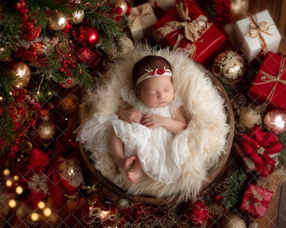 2 Christmas Newborn Digital Backdrops, Holiday Baby Photography Background, Red and Gold Gift Scene, Festive Christmas Tree Digital Prop