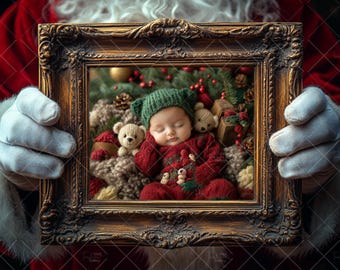 May include: A framed Christmas portrait featuring a sleeping baby in a red knit outfit and green hat, surrounded by teddy bears, pine cones, and berries. The ornate gold frame is held by gloved hands, creating a festive holiday scene.