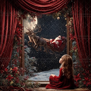 Santa’s Sleigh and Reindeer Window Digital Backdrop, Christmas Background, Holiday Photoshop Overlay, Xmas Composite Template + Snow