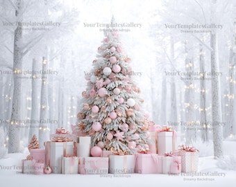 Fondo digital con árbol de Navidad, adornos rosas y nieve invernal (descarga digital)