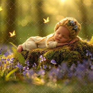Newborn Digital Backdrop, Lavender Wildflower Field, Enchanted Forest Butterflies, Photo Prop Composite, Baby Girl Background,