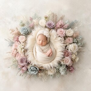 Fondo para recién nacidos con nido floral PNG / Accesorio de primavera en tonos pastel